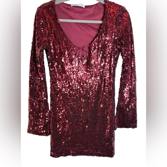 Elodie long split sleeve sequin minidress burgundy- lined pre-loved size small - Picture 1 of 11